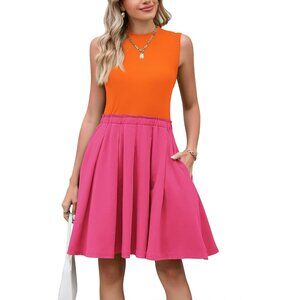 Pink Queen Women's Summer Sleeveless Mini Dress  Crewneck Knit A Line Pleated